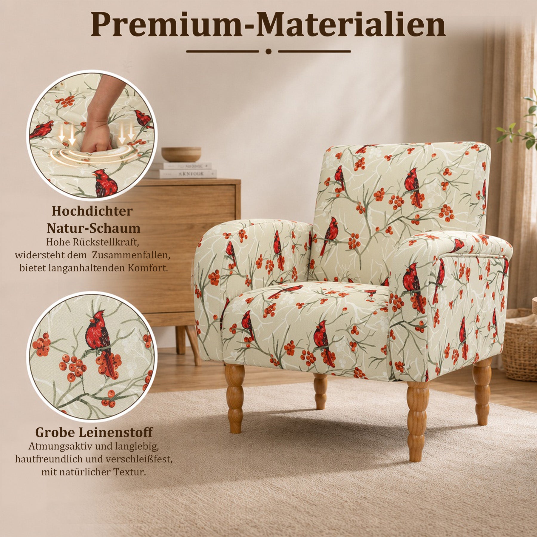 Polstersessel mit Blumenmuster, Vintage Akzentstuhl | Elegantes Blumenmuster, bequeme Polsterung und stabile Holzbeine, ideal für Wohnzimmer, Schlafzimmer und Leseecke.