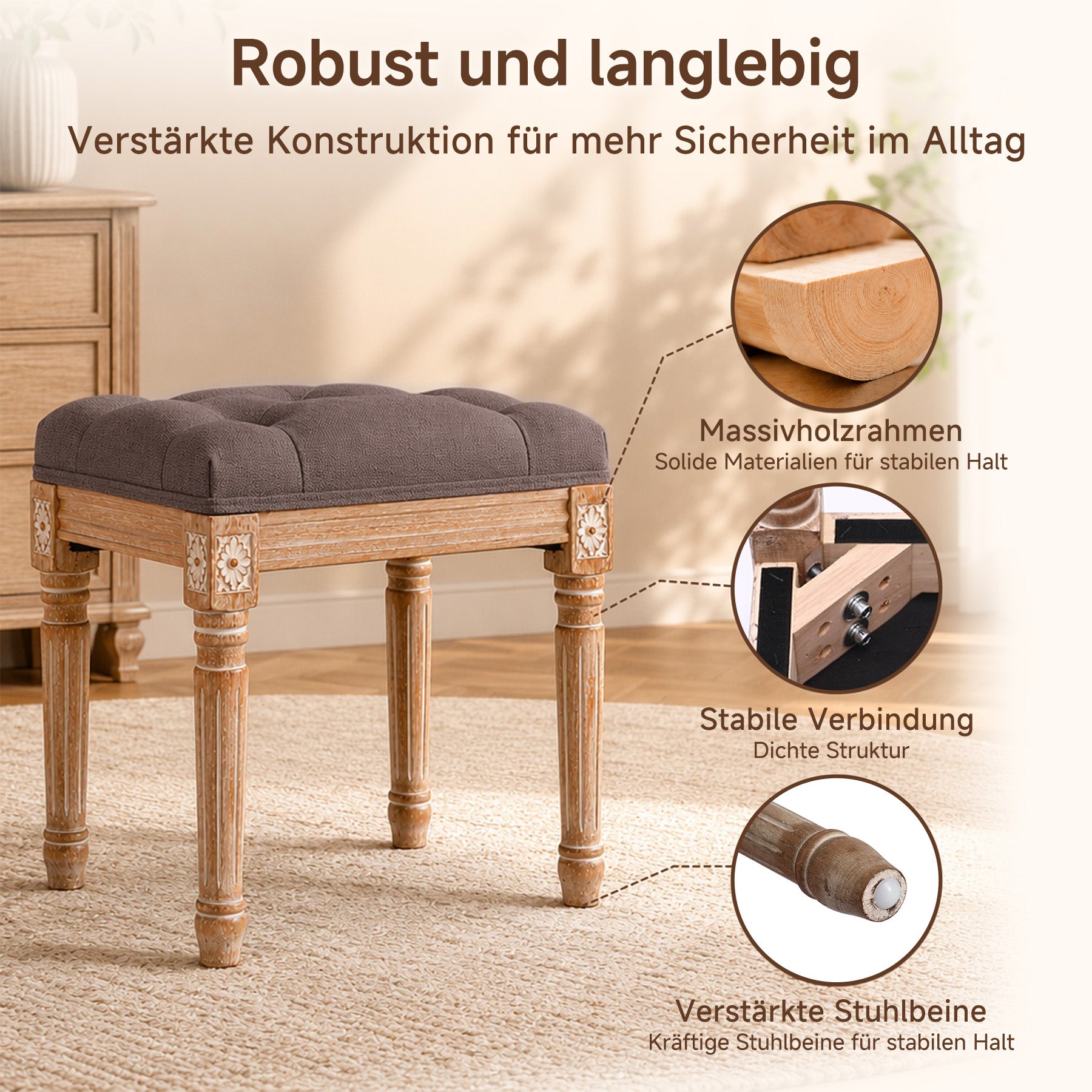 Schuhhocker Vintage mit Schnitzereien, gepolsterter Sitz, Einzelsitz | Vintage Schuhhocker aus Massivholz mit Schnitzereien. Getufteter Sitz, stabiler Used-Look für Flur oder Schlafzimmer.