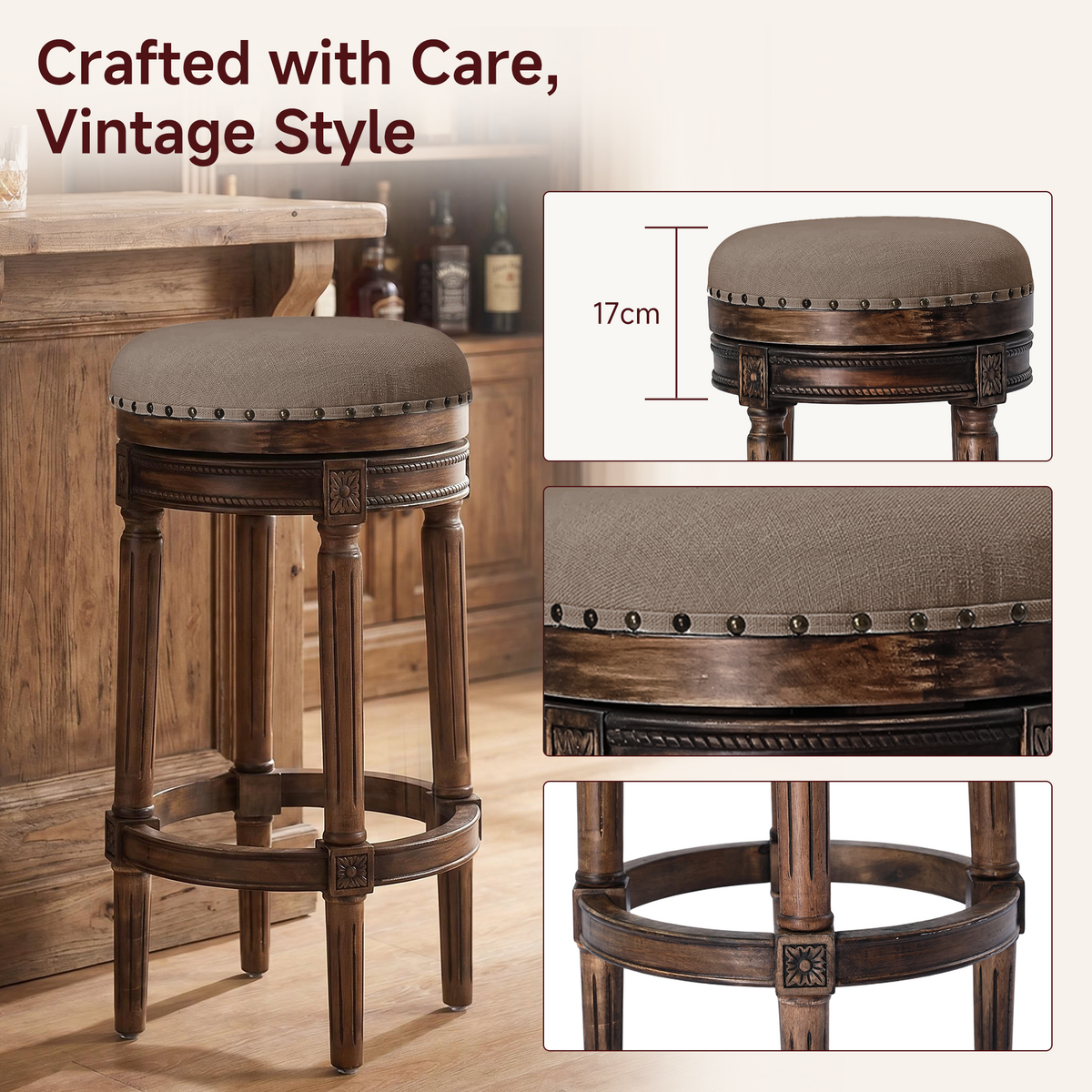 HomeMiYN Wooden Swivel Bar Stool Upholstered Retro Design with Studs