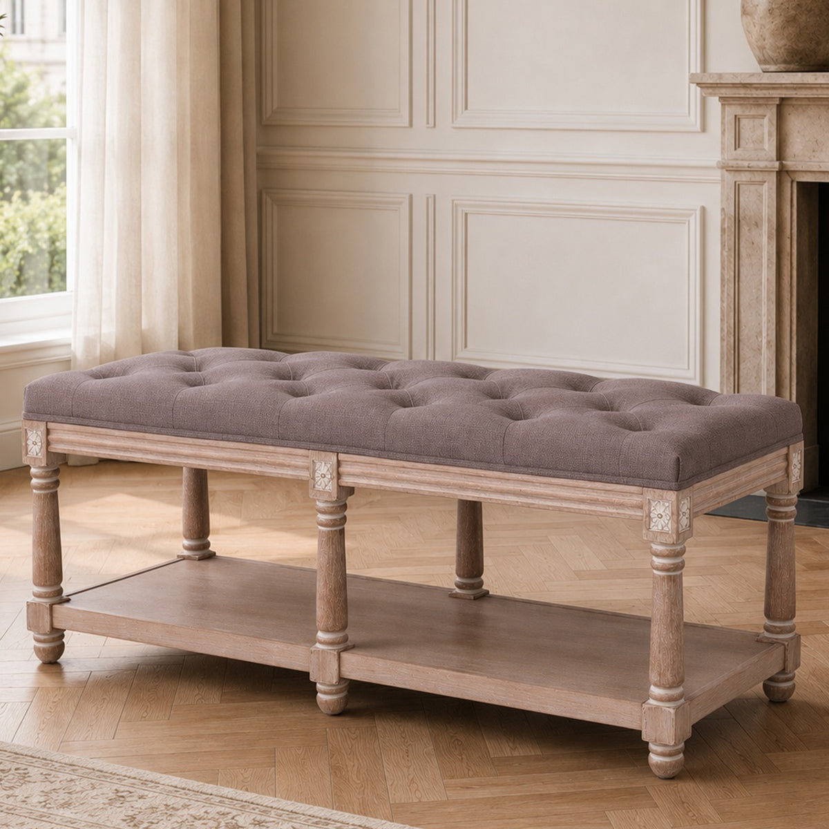 HomeMiYN 2-Seat Upholstered Storage Bench for Hallway and Bedroom