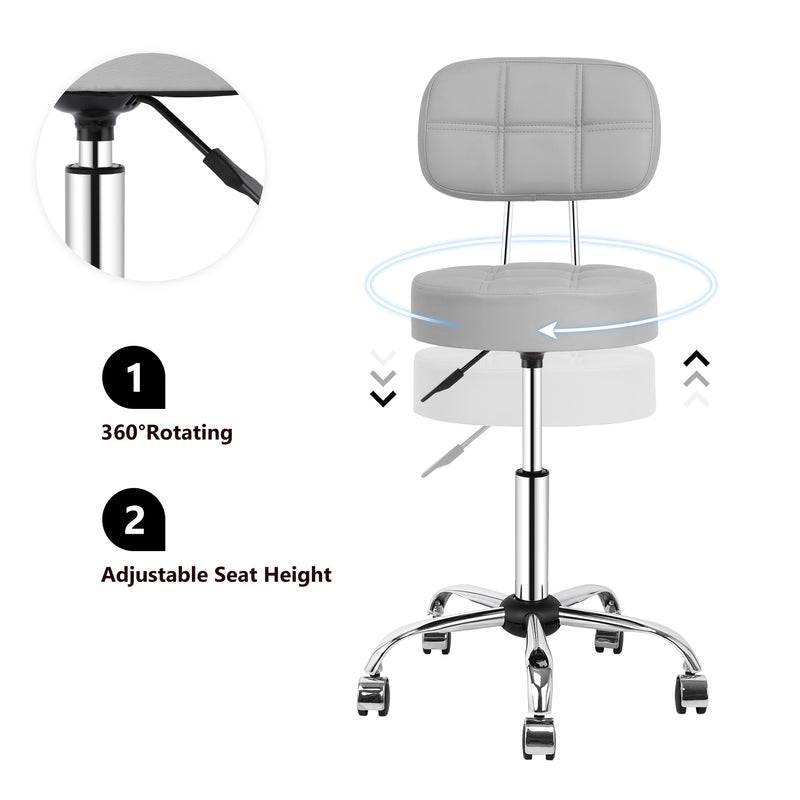 Swivel Round Rolling Stool with Backrest Tattoo Computer Lounge Dinning Pub Gray