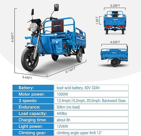 Oryxearth Electric Cargo Tricycle Truck,1000W 60V Three Wheel Electric Tipping Bucket Trike for Adults, Chinese Sanbengzi, Agricultural Household Elderly Vehicle, 440LBS Loader Hopper