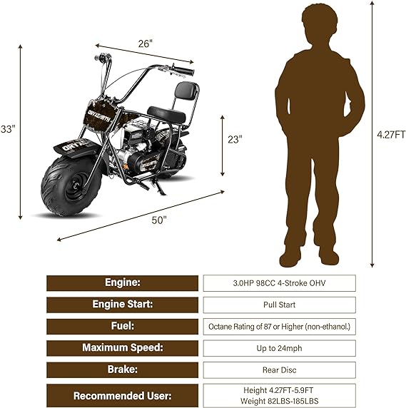 Oryxearth 98CC Gas Powered Mini Dirt Bike - Up to 24 MPH, 185 LBS Capacity