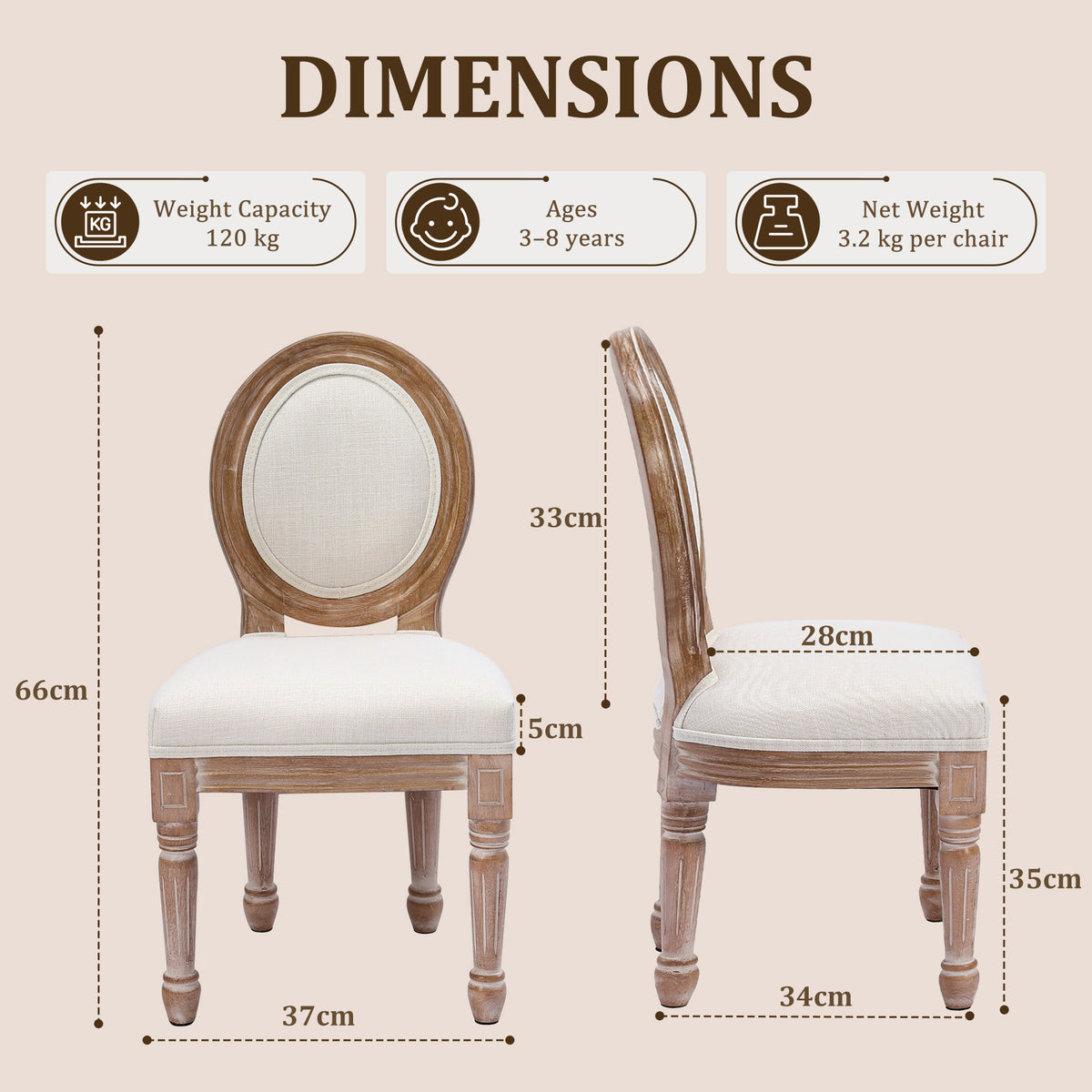 HomeMiYN Set of 2 Wooden Kids Chairs Beige Padded Seat for Ages 3+