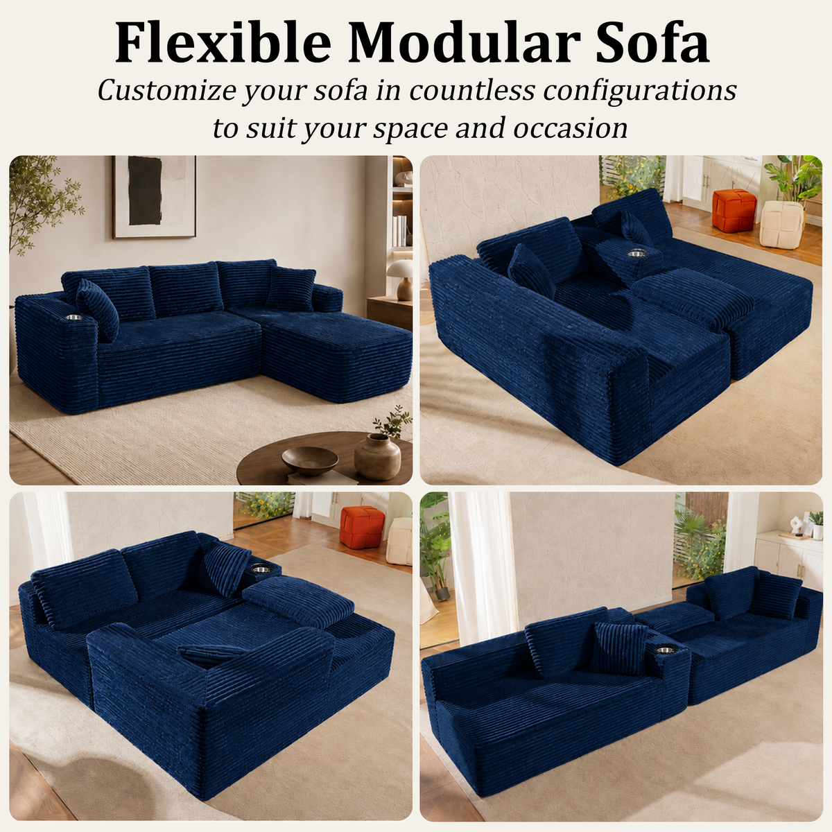 HomeMiYN 265cm 3-Seater L-Shaped Corner Sofa with Chaiselounge, No Assembly Required