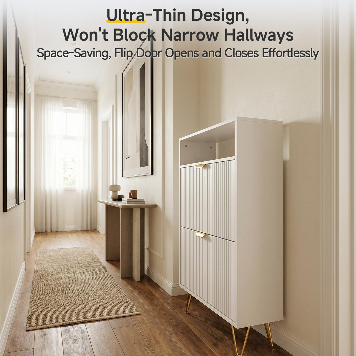 HomeMiYN Narrow White Wood Shoe Cabinet with 2 Flip Doors