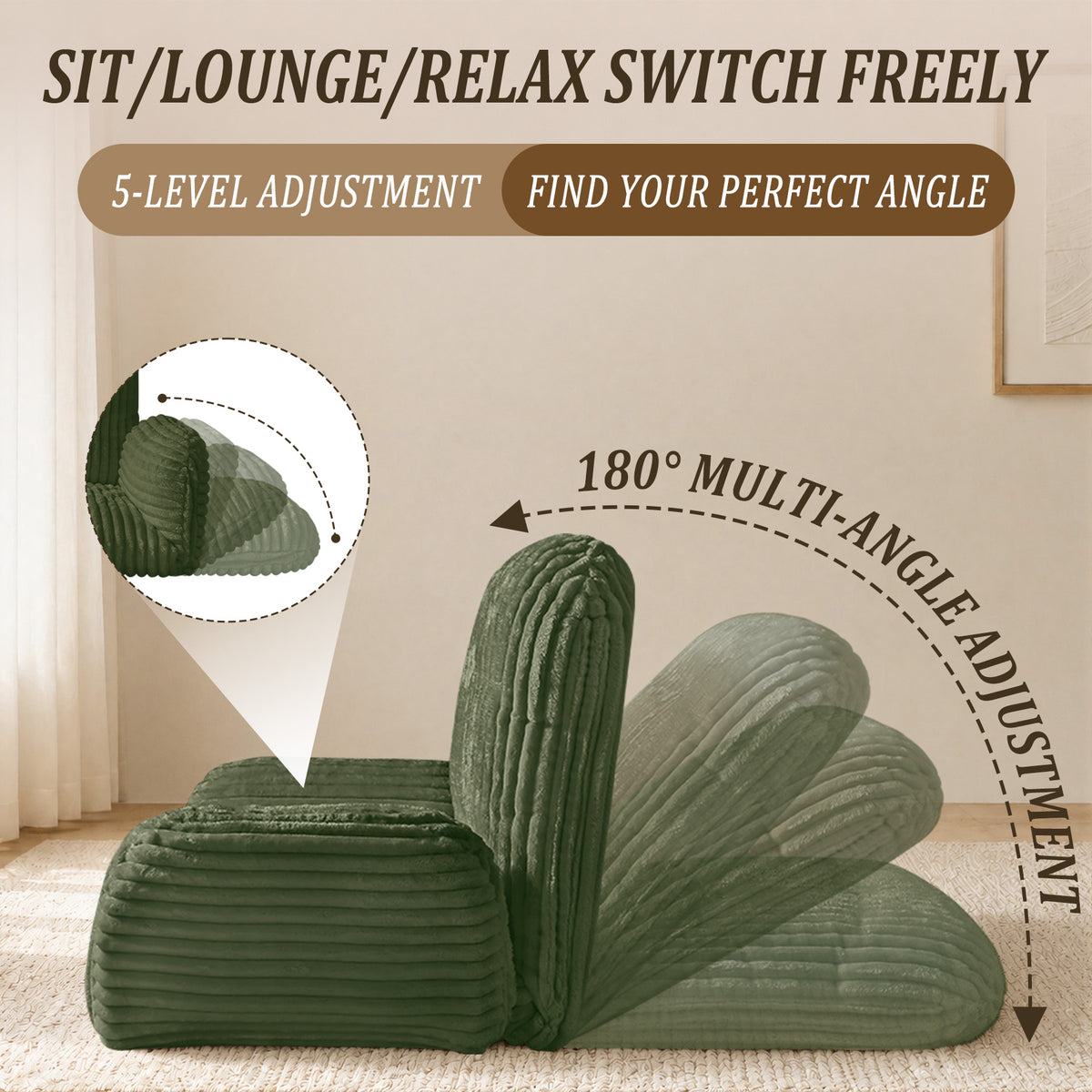 HomeMiYN Striped Plush Foldable Lazy Recliner Armchair with Cushion for Living Room and Bedroom