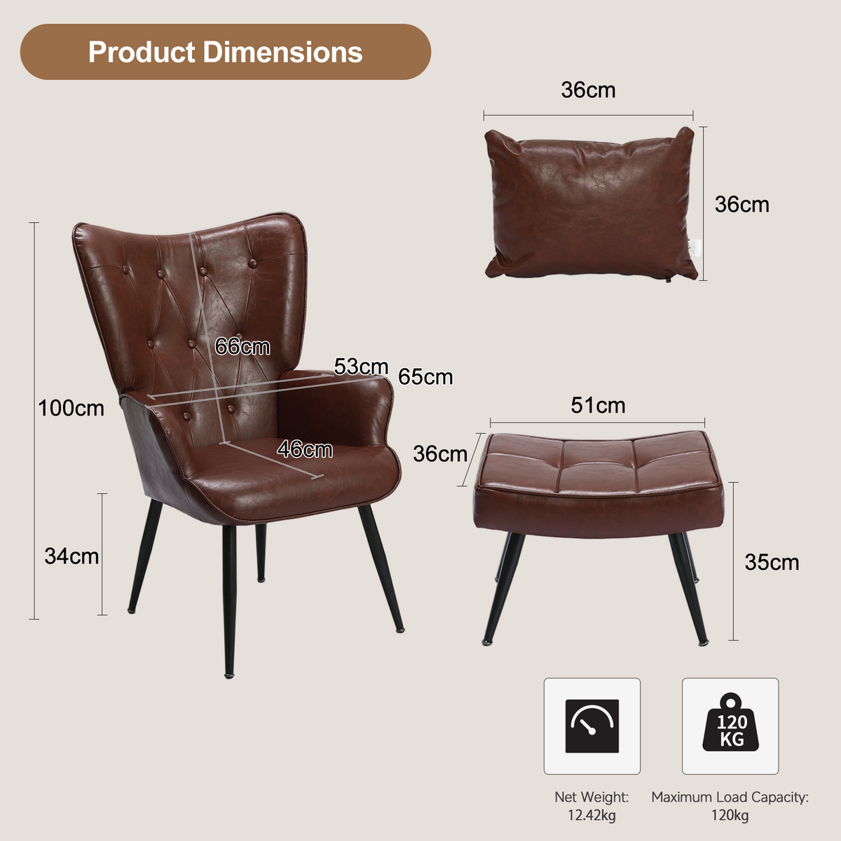 HomeMiYN PU Leather Wingback Chair with Stool & Lumbar Support Solid Wood Legs