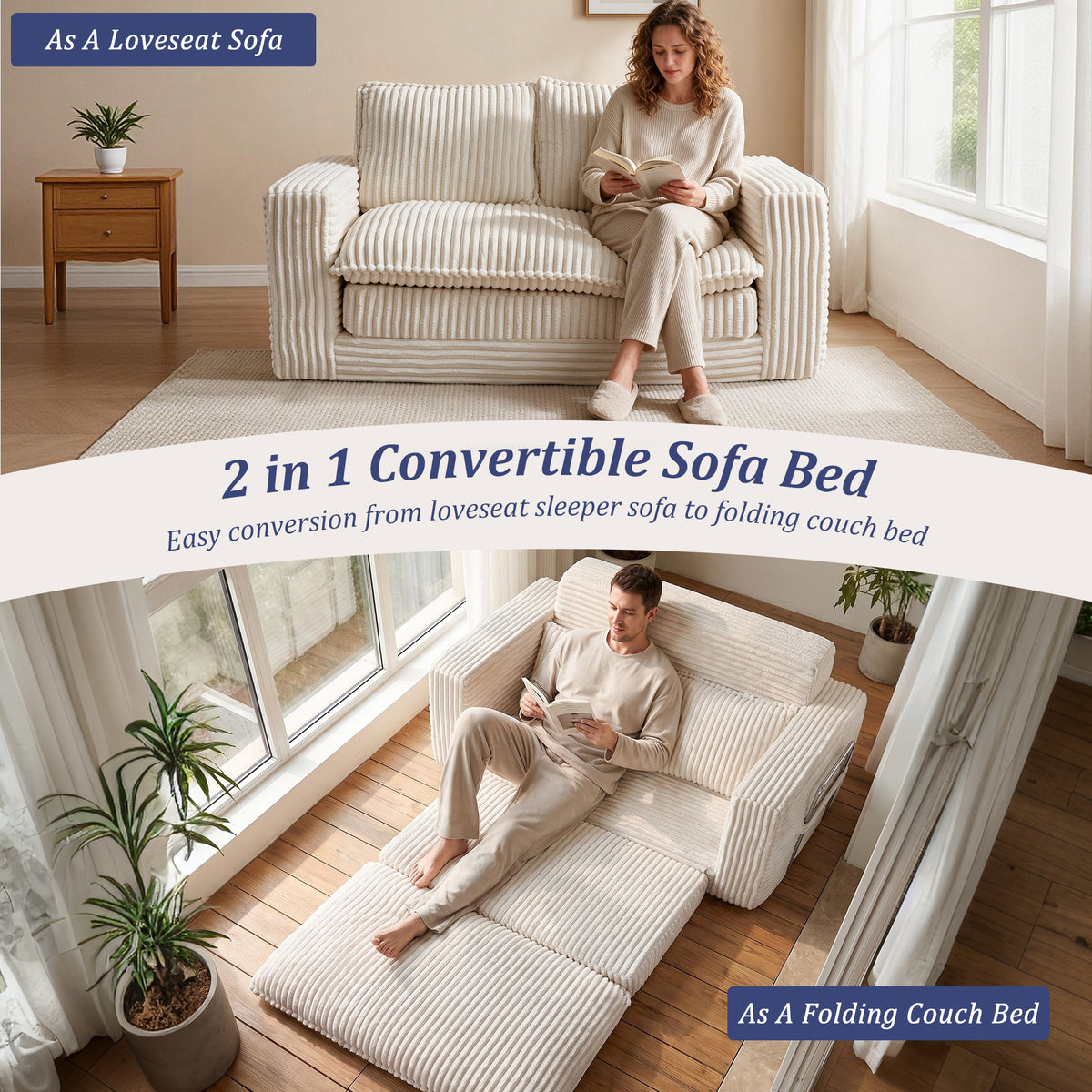 HomeMiYN 2-Seater Corduroy Sofa Bed, 140cm Wide, High Density Foam, No Assembly Required