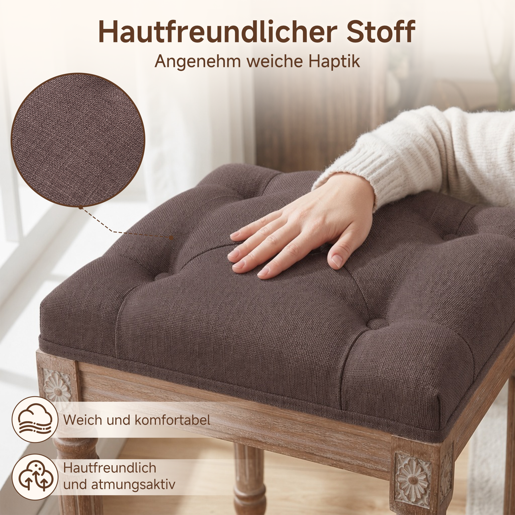 Schuhhocker Vintage mit Schnitzereien, gepolsterter Sitz, Einzelsitz | Vintage Schuhhocker aus Massivholz mit Schnitzereien. Getufteter Sitz, stabiler Used-Look für Flur oder Schlafzimmer.