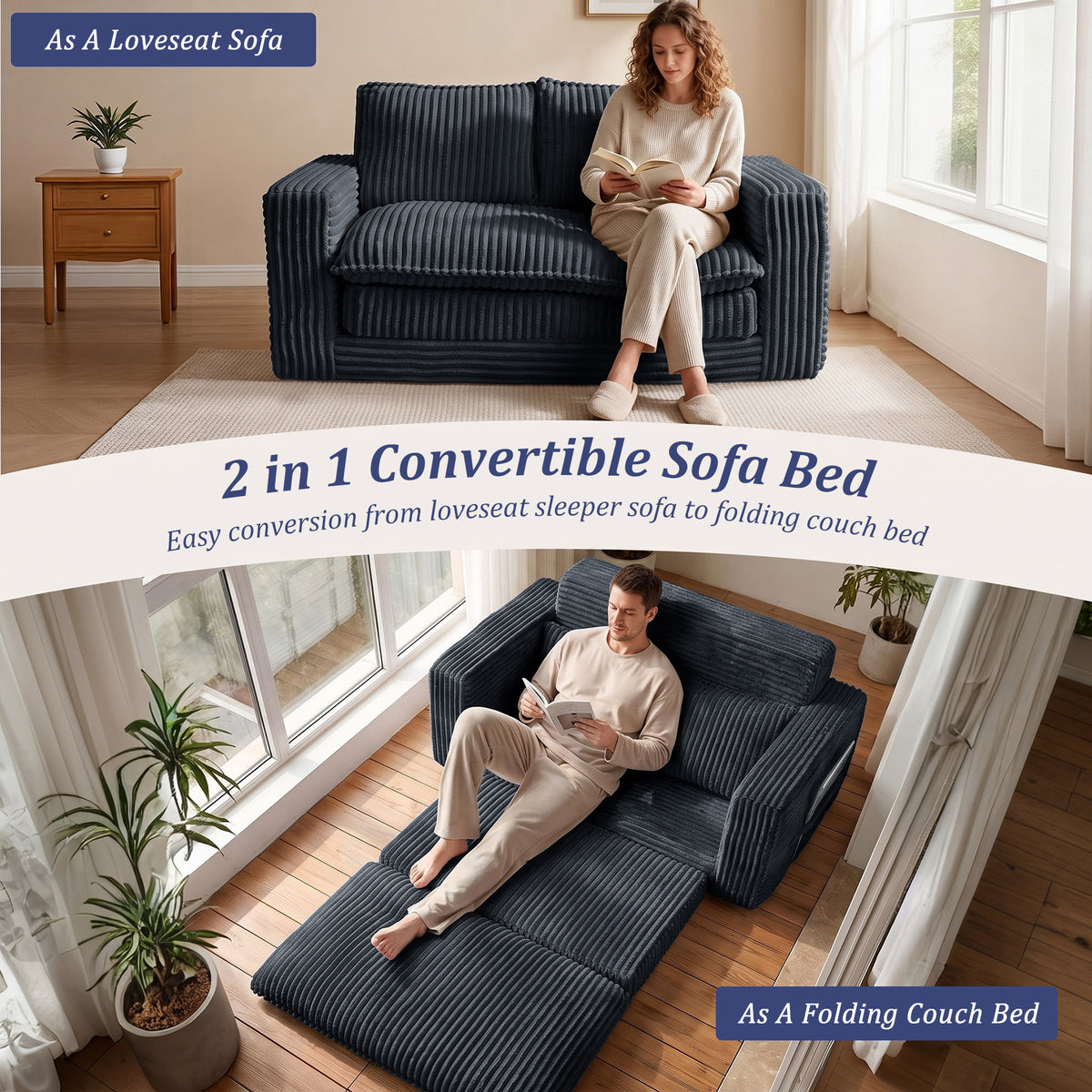 HomeMiYN 2-Seater Corduroy Sofa Bed, 140cm Wide, High Density Foam, No Assembly Required
