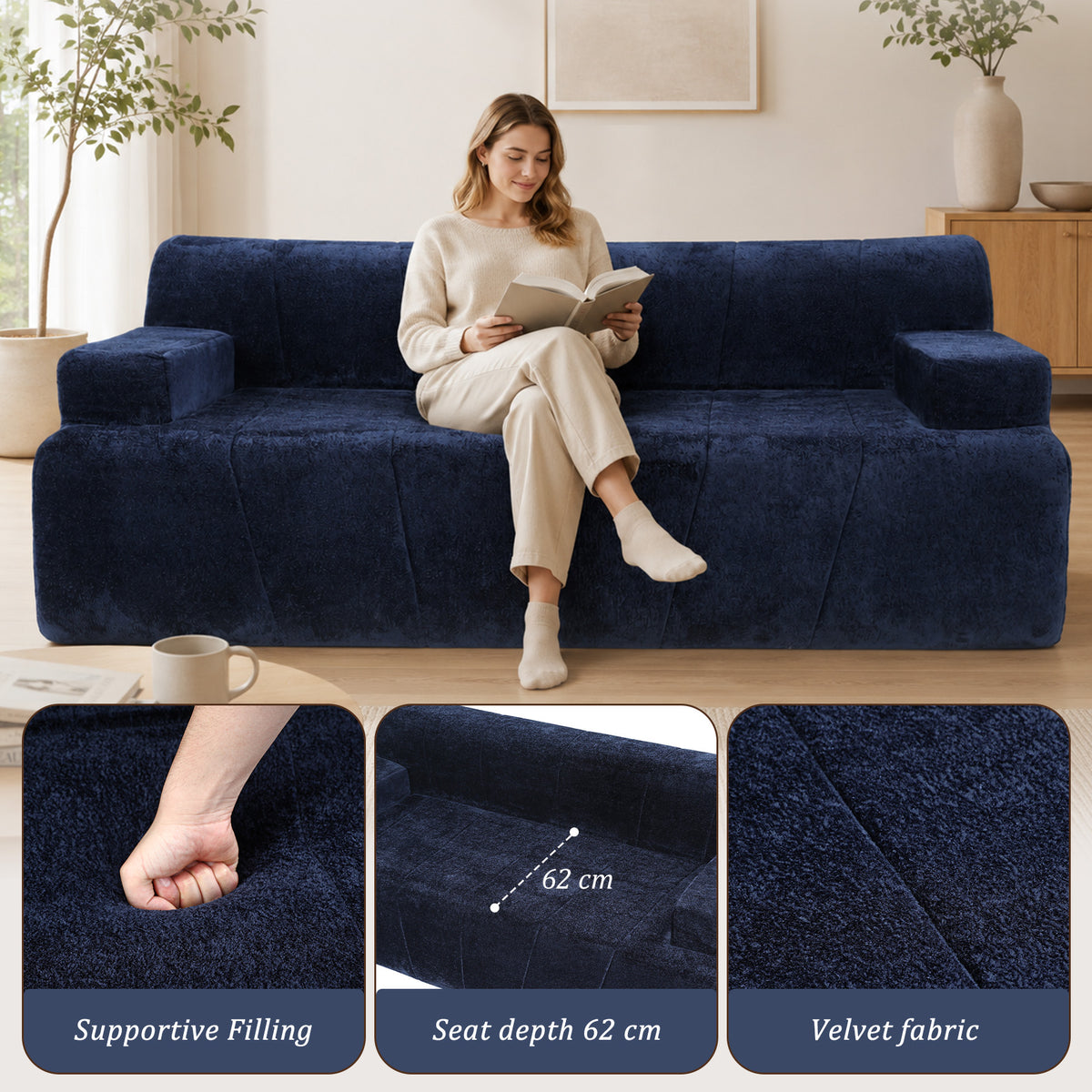 HomeMiYN 178cm 3-Seater Corduroy Boneless Sofa No Assembly Required