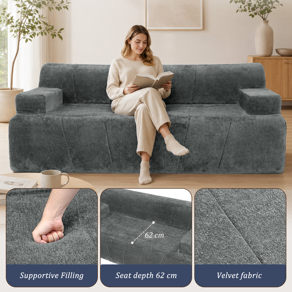 HomeMiYN 178cm 3-Seater Corduroy Boneless Sofa No Assembly Required