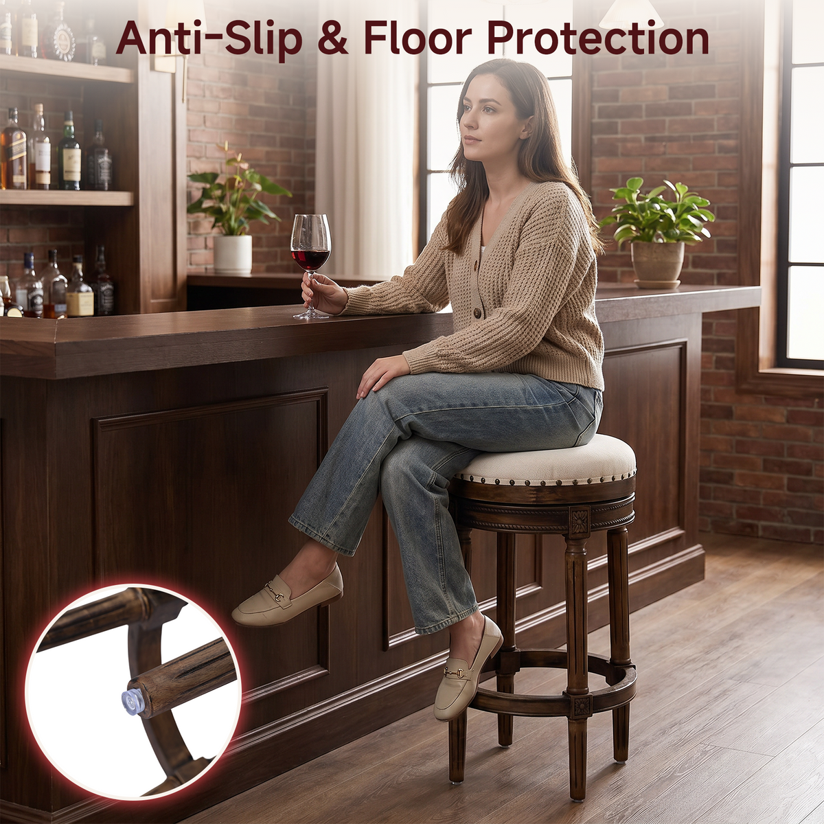 HomeMiYN Wooden Swivel Bar Stool Upholstered Retro Design with Studs