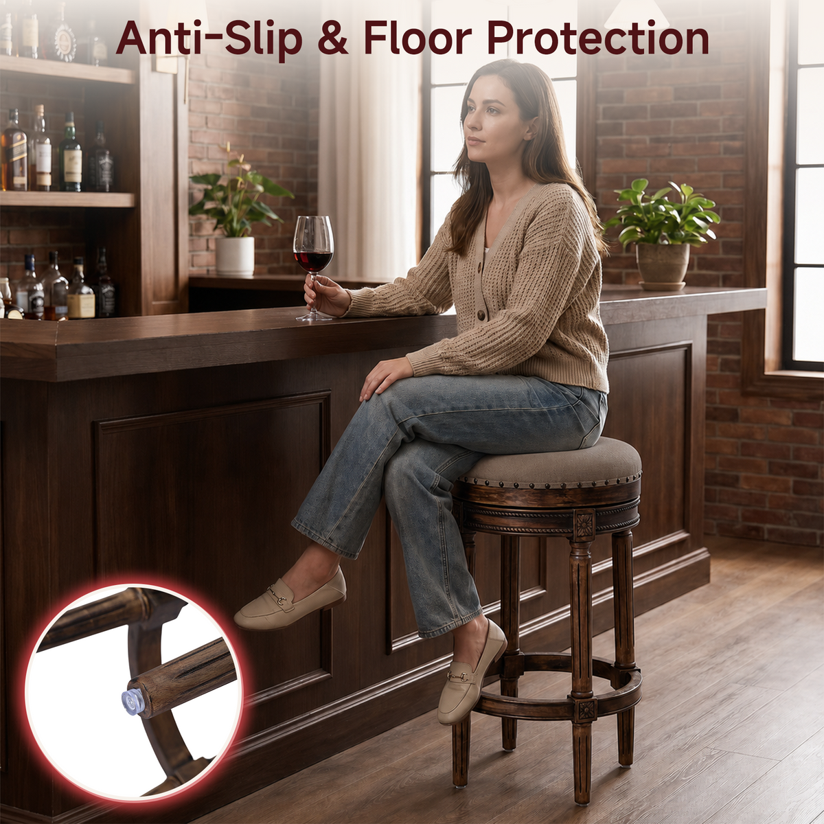 HomeMiYN Wooden Swivel Bar Stool Upholstered Retro Design with Studs