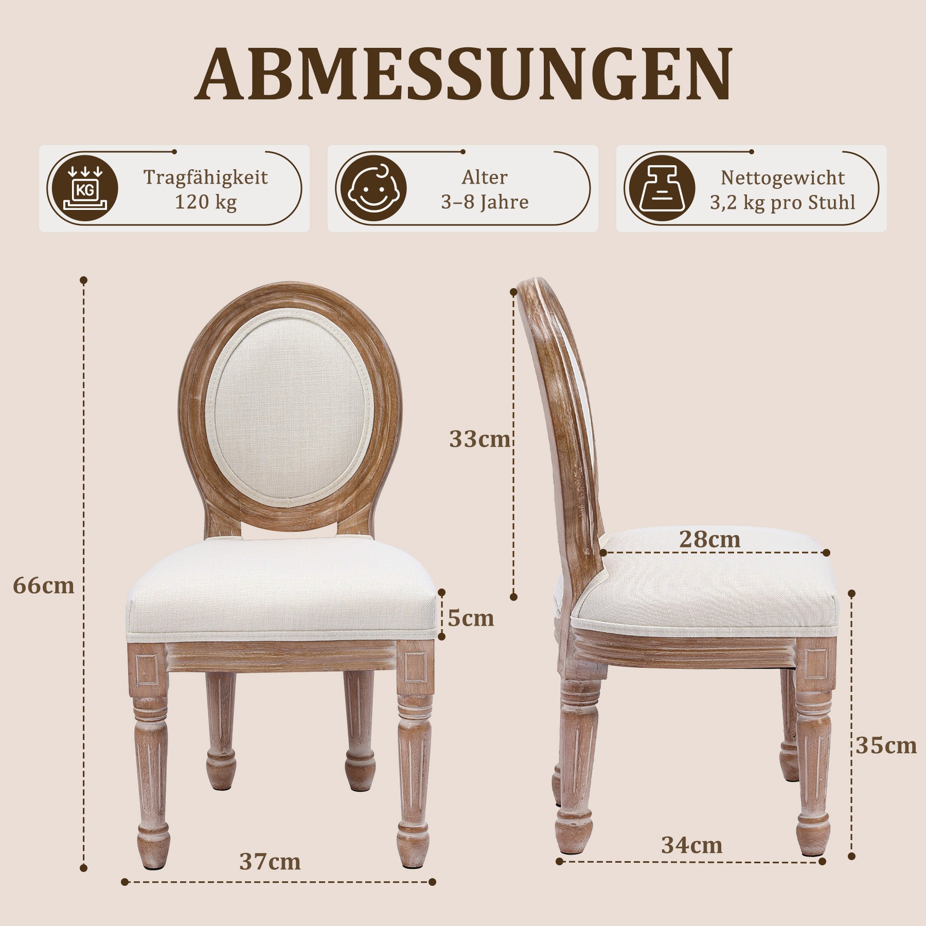 Kinder Holzstuhl,Geeignet für Kinder von 3 bis 12 Jahren,Ergonomische Sitzfläche,Medaillonstuhl Design,Leicht zu reinigen,Kinderstuhl für Zimmer und Garten,Kaffeebraun