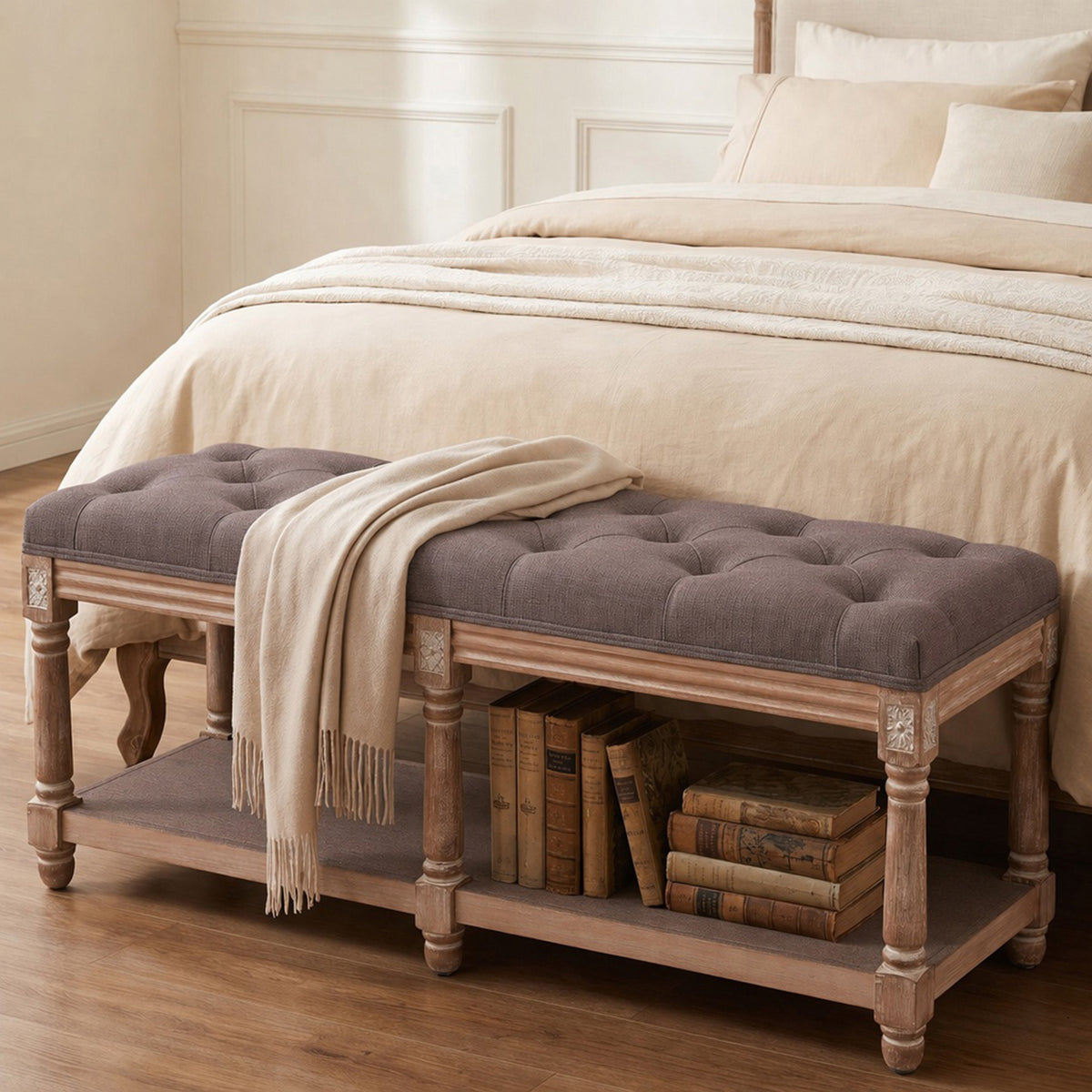 HomeMiYN 2-Seat Upholstered Storage Bench for Hallway and Bedroom
