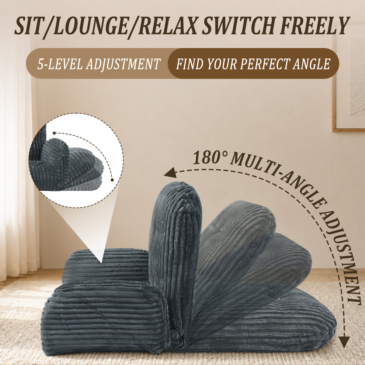 HomeMiYN Striped Plush Foldable Lazy Recliner Armchair with Cushion for Living Room and Bedroom