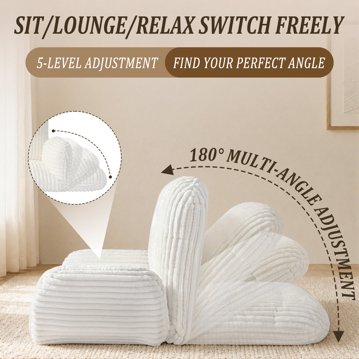 HomeMiYN Striped Plush Foldable Lazy Recliner Armchair with Cushion for Living Room and Bedroom
