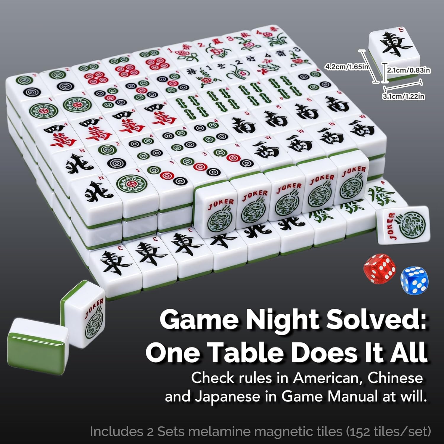 Automatic Mahjong Table Foldable with Wheels, with 42mm 152 Numbered Magnetic Tiles
