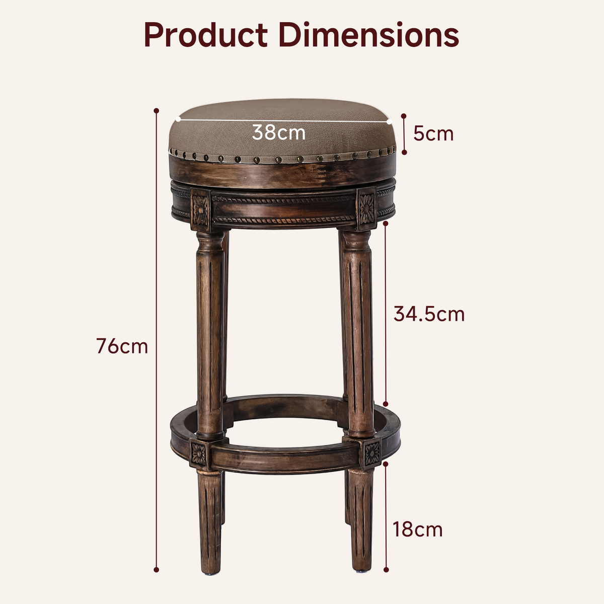 HomeMiYN Wooden Swivel Bar Stool Upholstered Retro Design with Studs