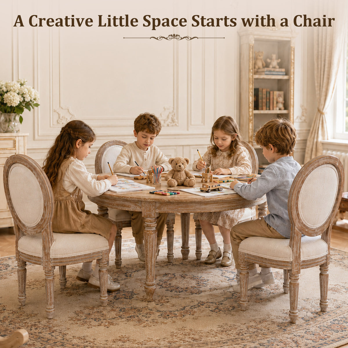 HomeMiYN Set of 2 Wooden Kids Chairs Beige Padded Seat for Ages 3+