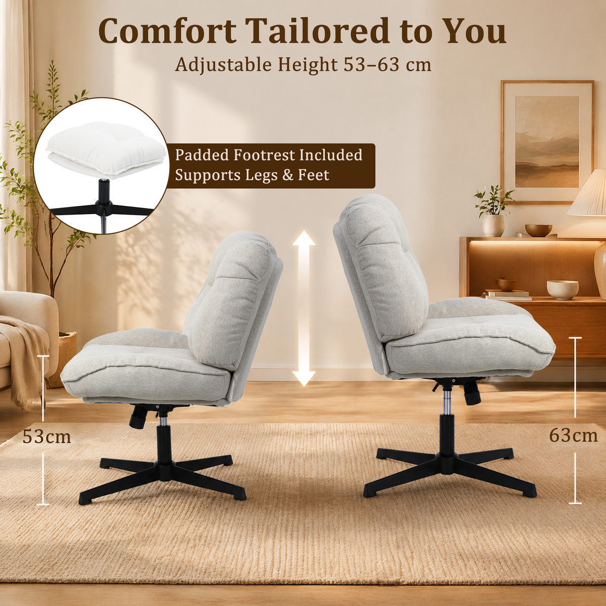 HomeMiYN Ergonomic Armless Office Chair with Adjustable Backrest & Footrest