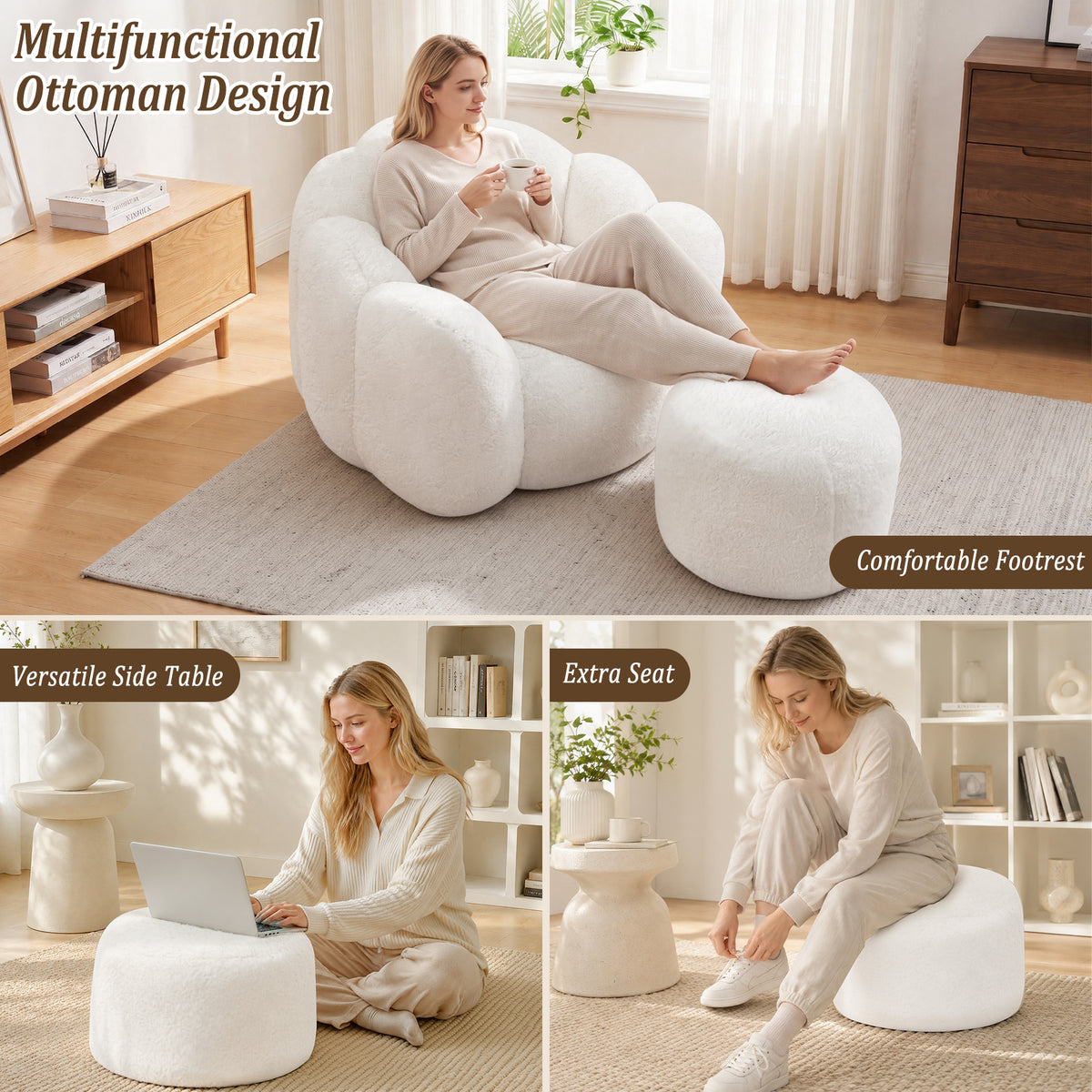 HomeMiYN Plush Bean Bag Chair with Stool for Living Room and Bedroom