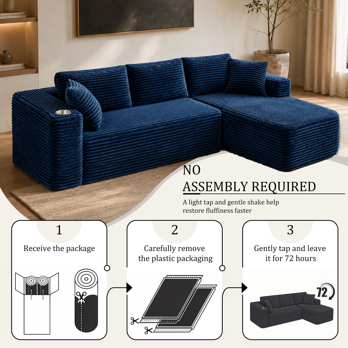 HomeMiYN 265cm 3-Seater L-Shaped Corner Sofa with Chaiselounge, No Assembly Required