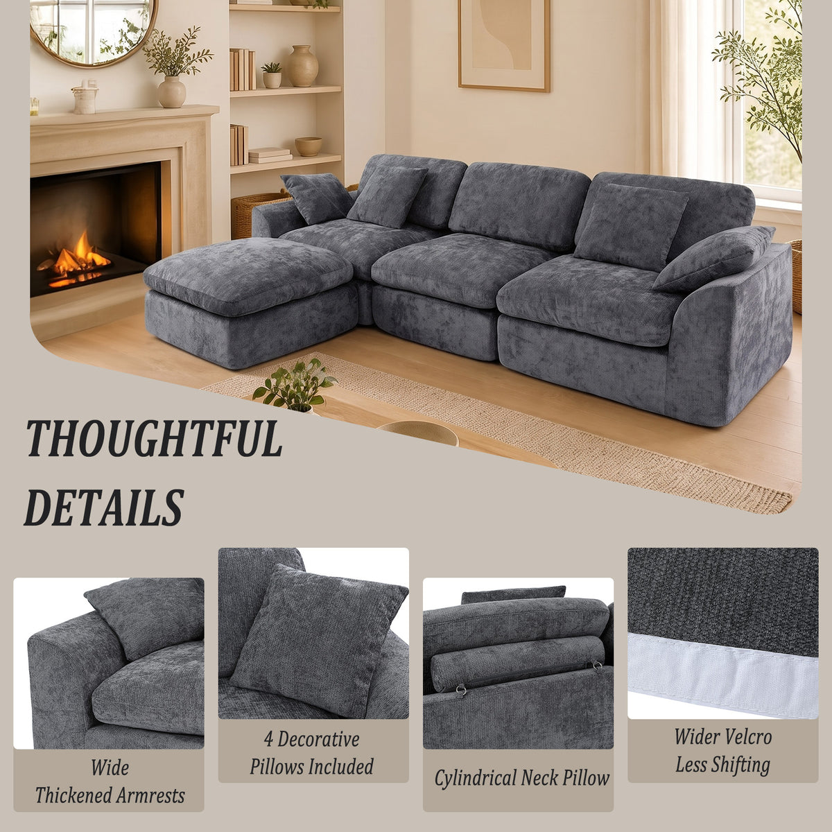 HomeMiYN 281cm 3-Seater L-Shaped Modular Corner Sofa, Chenille Fabric, Non-Vacuum Packaged