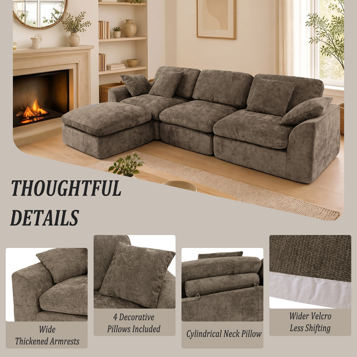 HomeMiYN 281cm 3-Seater L-Shaped Modular Corner Sofa, Chenille Fabric, Non-Vacuum Packaged