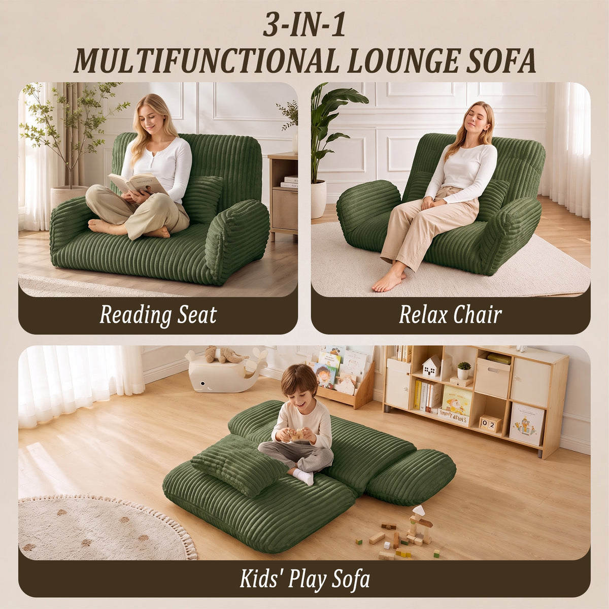 HomeMiYN Striped Plush Foldable Lazy Recliner Armchair with Cushion for Living Room and Bedroom