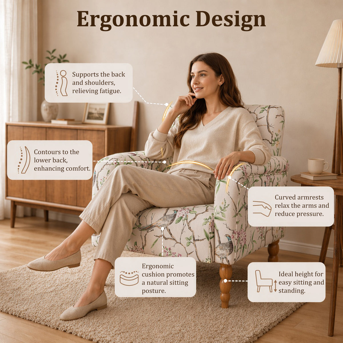 HomeMiYN Upholstered Living Room Armchair with Solid Wood Legs