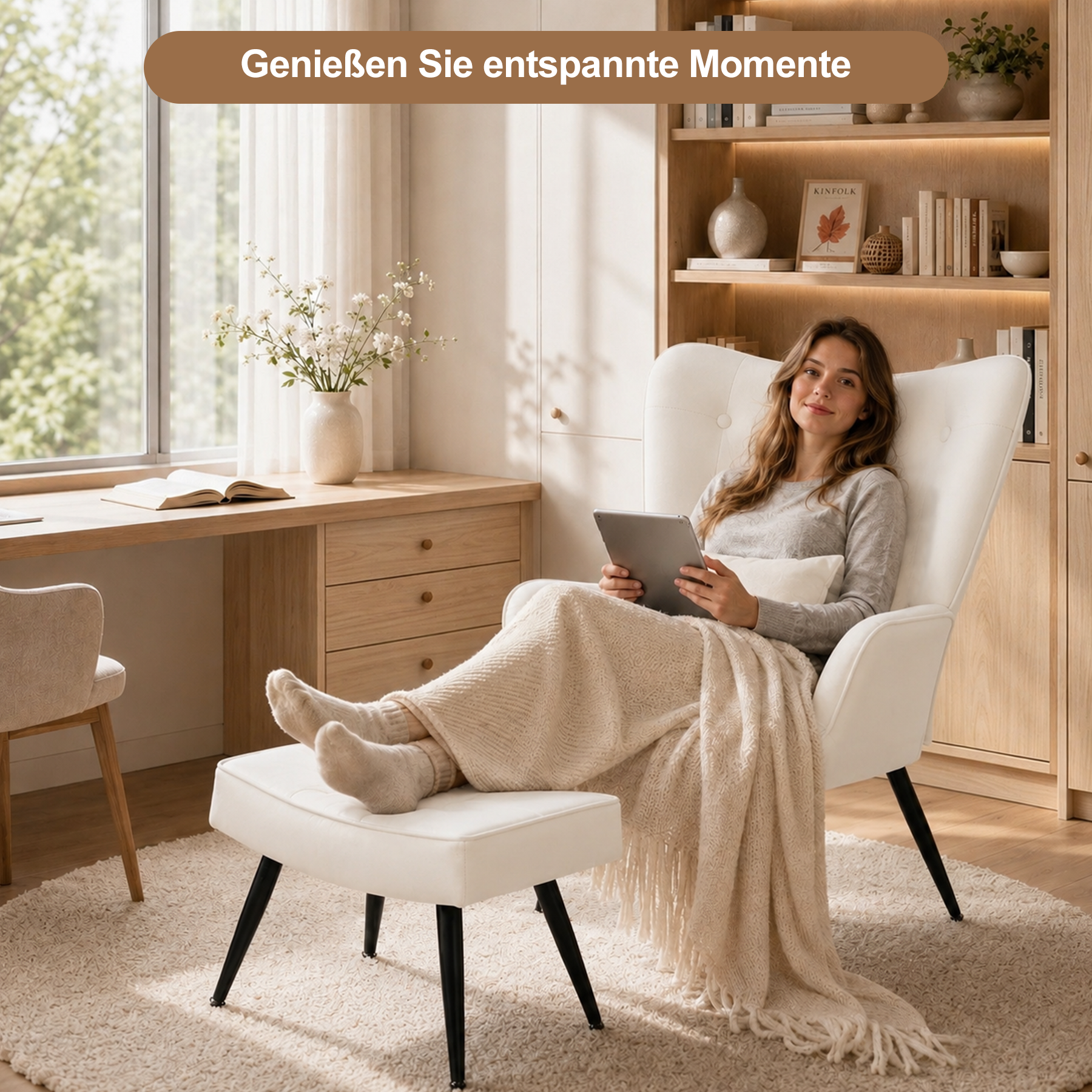 Sessel Ohrensessel mit Samtgeknöpfte Akzentarm-Loungesessel mit vergoldeten Metallbeinen und Lendenrückenlehne, Esszimmerstuhl mit Flügellehne für Wohnzimmer/Schlafzimmer/Büro