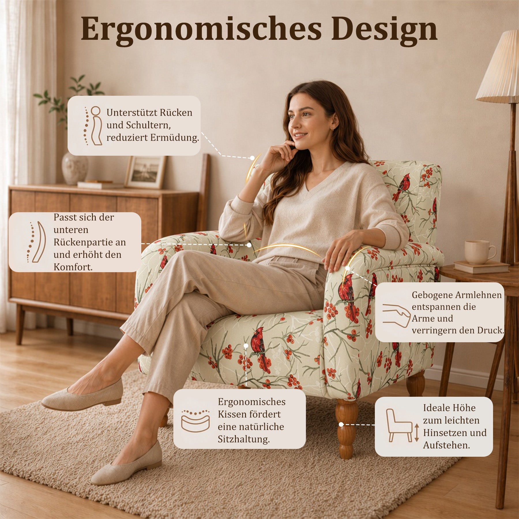 Polstersessel mit Blumenmuster, Vintage Akzentstuhl | Elegantes Blumenmuster, bequeme Polsterung und stabile Holzbeine, ideal für Wohnzimmer, Schlafzimmer und Leseecke.