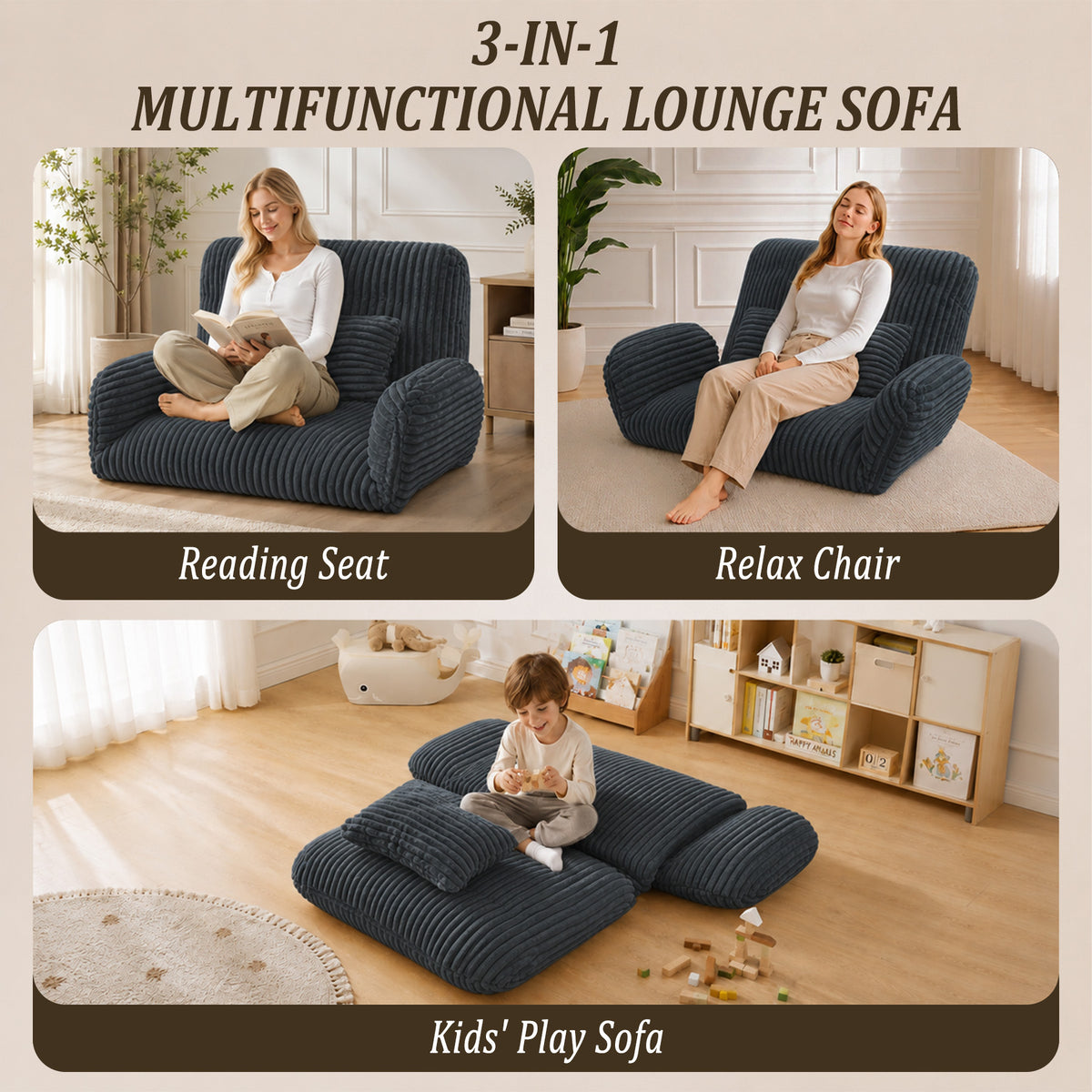 HomeMiYN Striped Plush Foldable Lazy Recliner Armchair with Cushion for Living Room and Bedroom