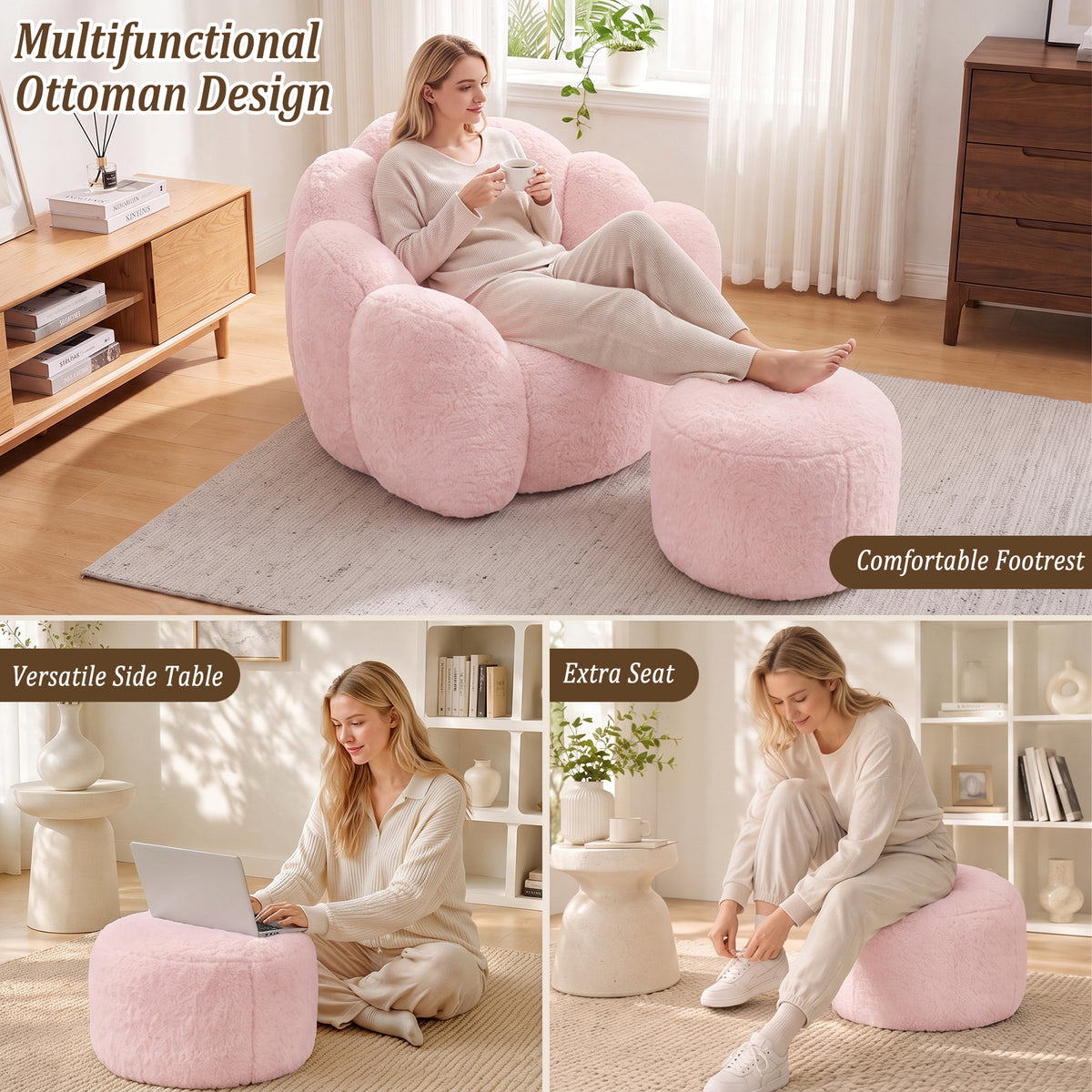 HomeMiYN Plush Bean Bag Chair with Stool for Living Room and Bedroom