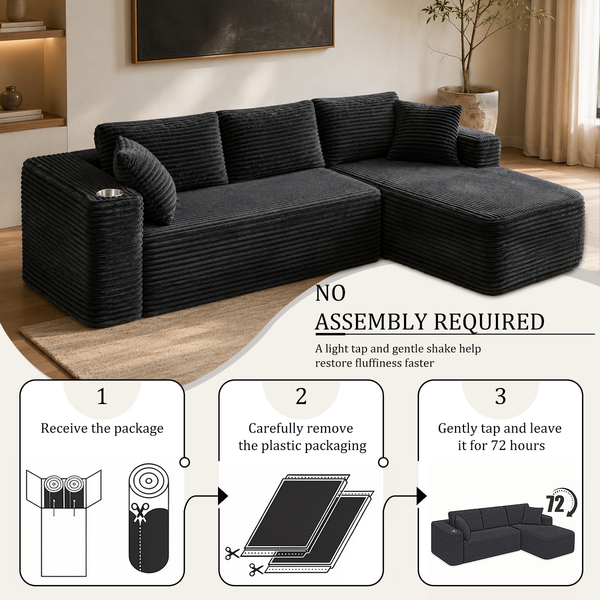 HomeMiYN 265cm 3-Seater L-Shaped Corner Sofa with Chaiselounge, No Assembly Required