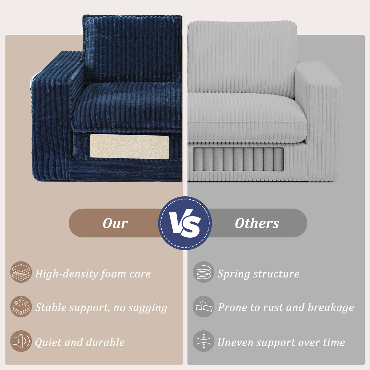 HomeMiYN 2-Seater Corduroy Sofa Bed, 140cm Wide, High Density Foam, No Assembly Required