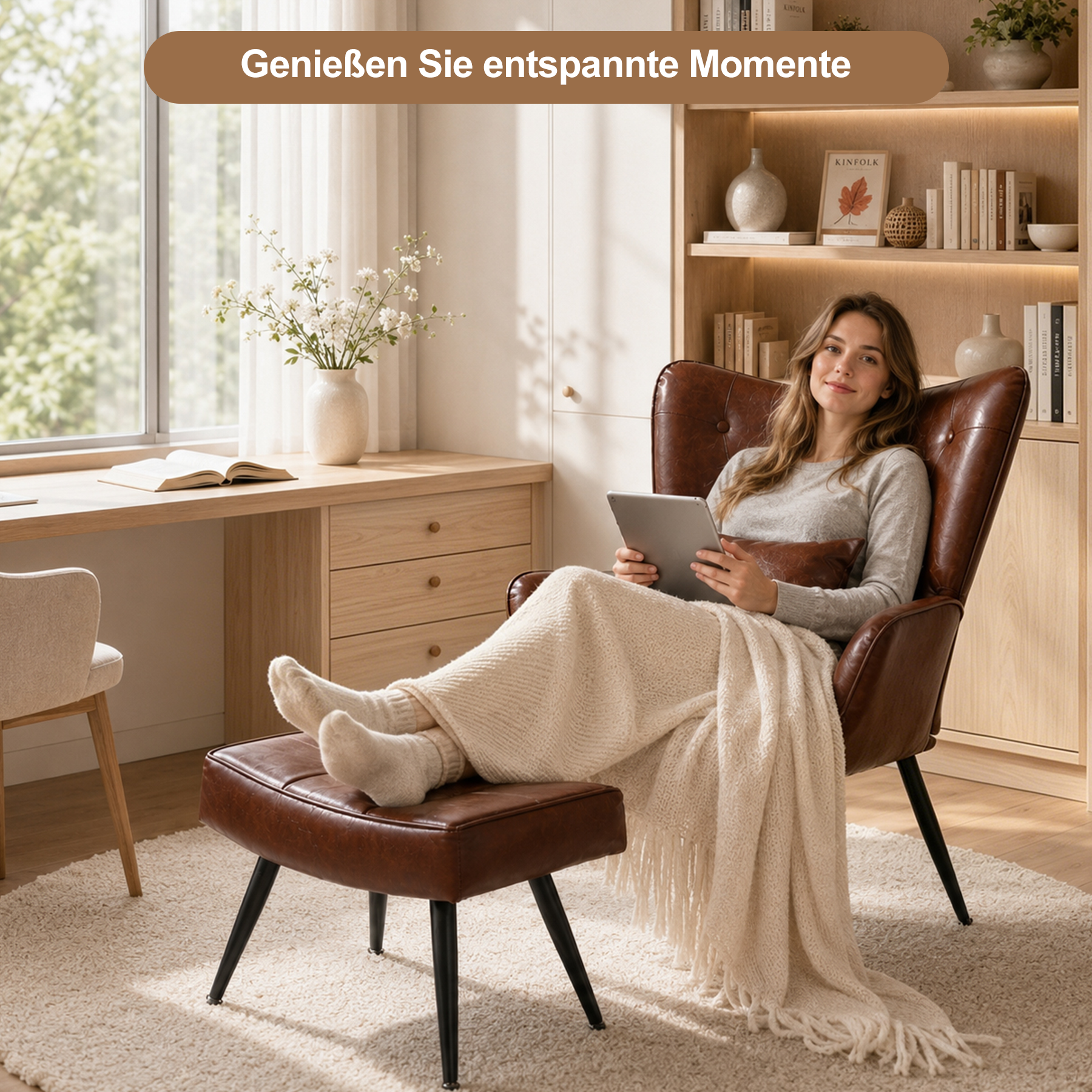 Sessel Ohrensessel mit Samtgeknöpfte Akzentarm-Loungesessel mit vergoldeten Metallbeinen und Lendenrückenlehne, Esszimmerstuhl mit Flügellehne für Wohnzimmer/Schlafzimmer/Büro