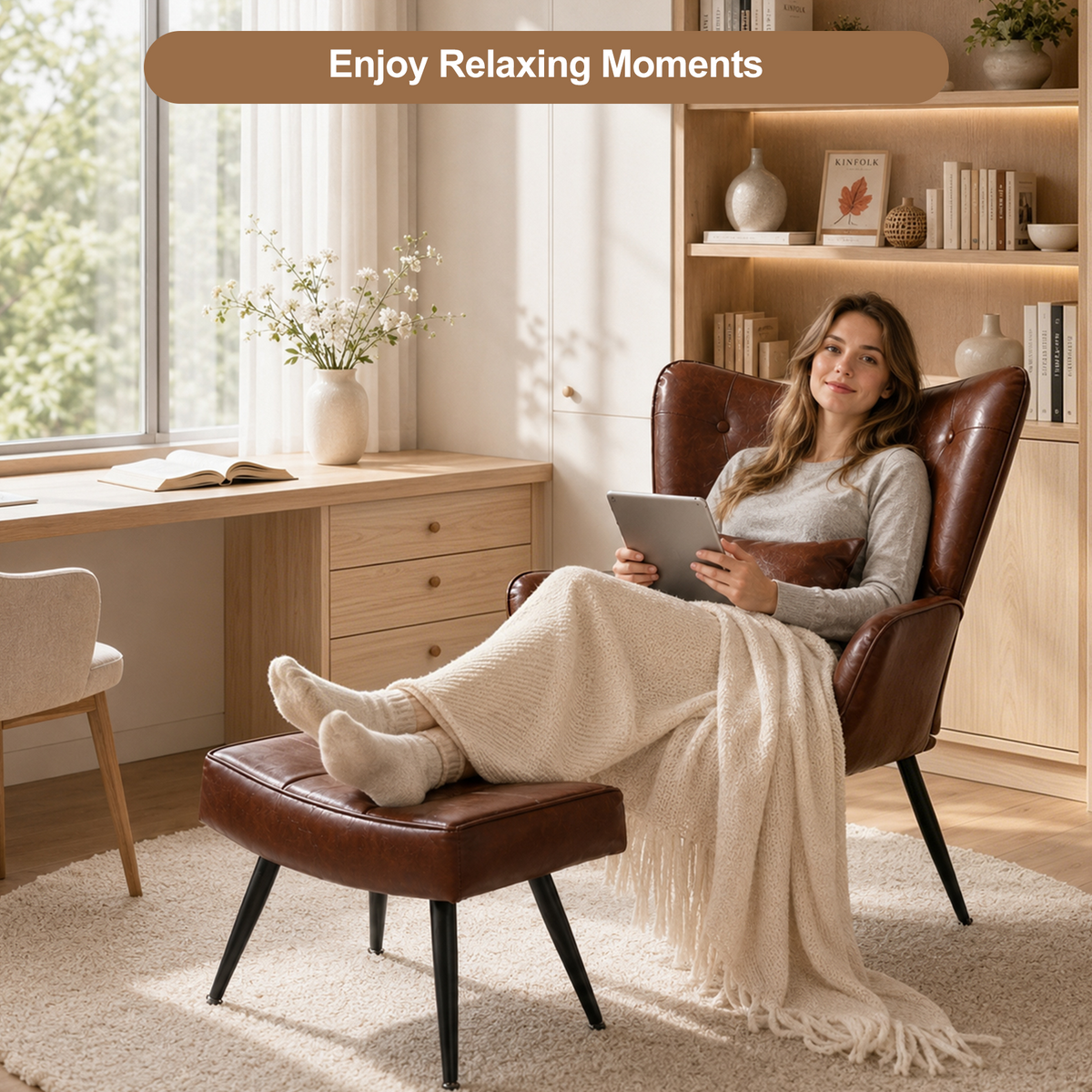 HomeMiYN PU Leather Wingback Chair with Stool & Lumbar Support Solid Wood Legs