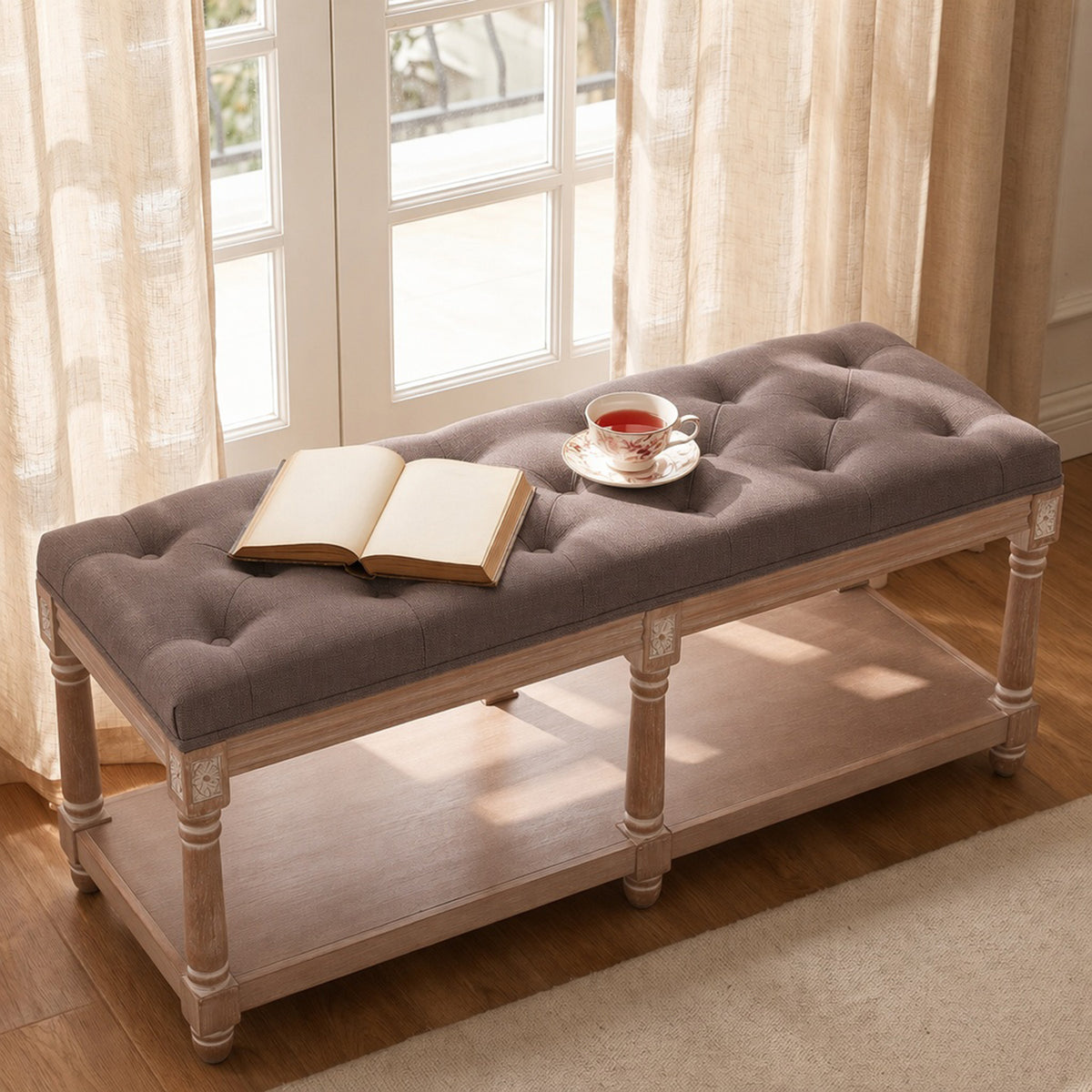 HomeMiYN 2-Seat Upholstered Storage Bench for Hallway and Bedroom