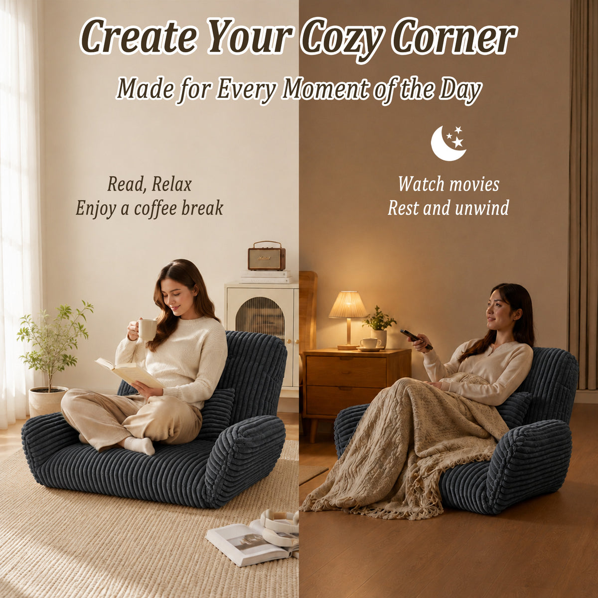 HomeMiYN Striped Plush Foldable Lazy Recliner Armchair with Cushion for Living Room and Bedroom