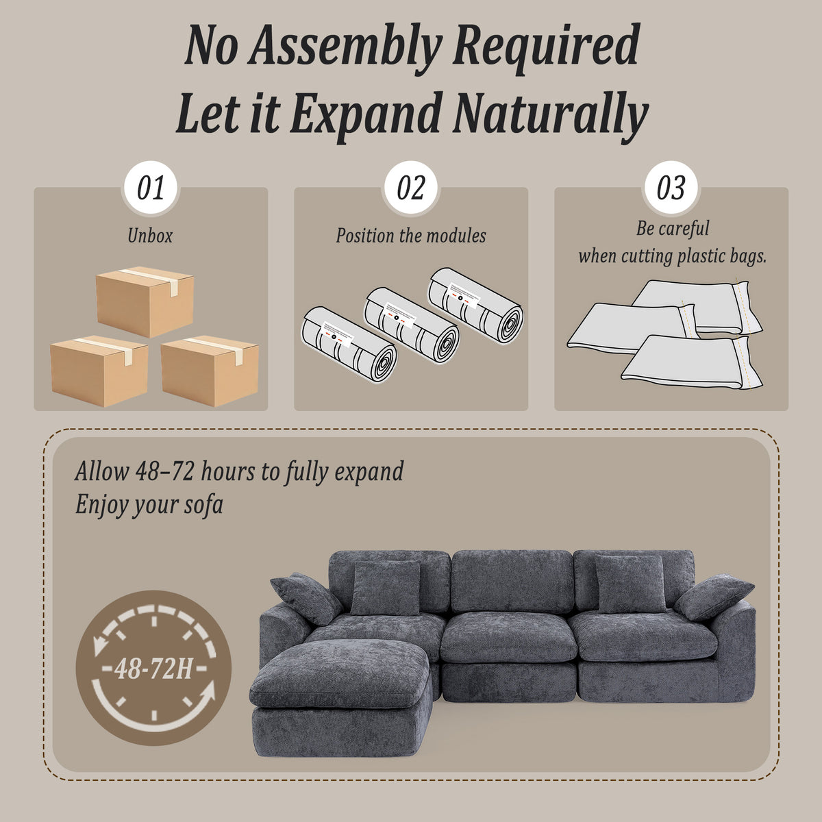 HomeMiYN 281cm 3-Seater L-Shaped Modular Corner Sofa, Chenille Fabric, Non-Vacuum Packaged