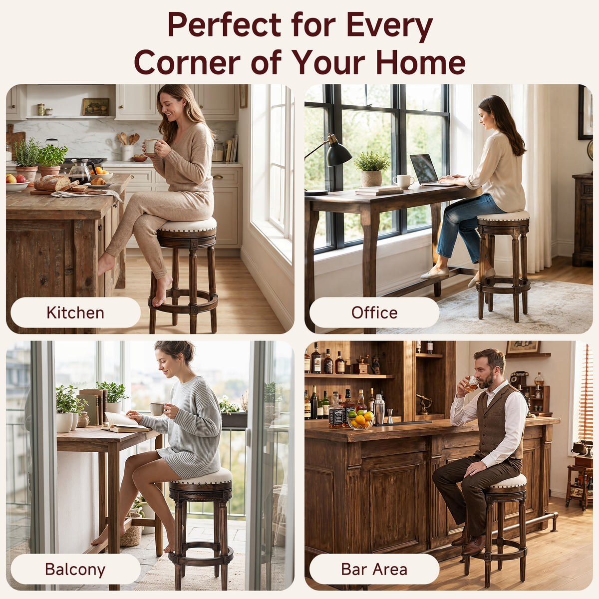 HomeMiYN Wooden Swivel Bar Stool Upholstered Retro Design with Studs