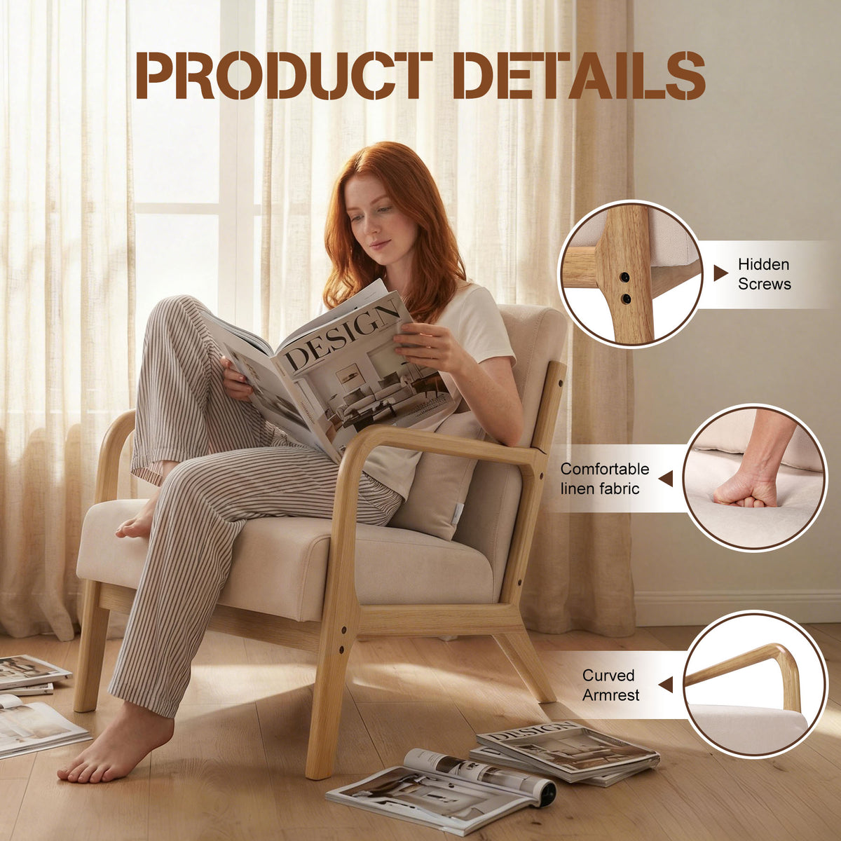 HomeMiYN Retro PU Leather Reading Chair with Ergonomic Armrests, 150kg Load Capacity, Medieval Style