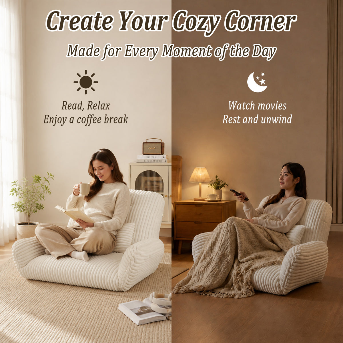 HomeMiYN Striped Plush Foldable Lazy Recliner Armchair with Cushion for Living Room and Bedroom