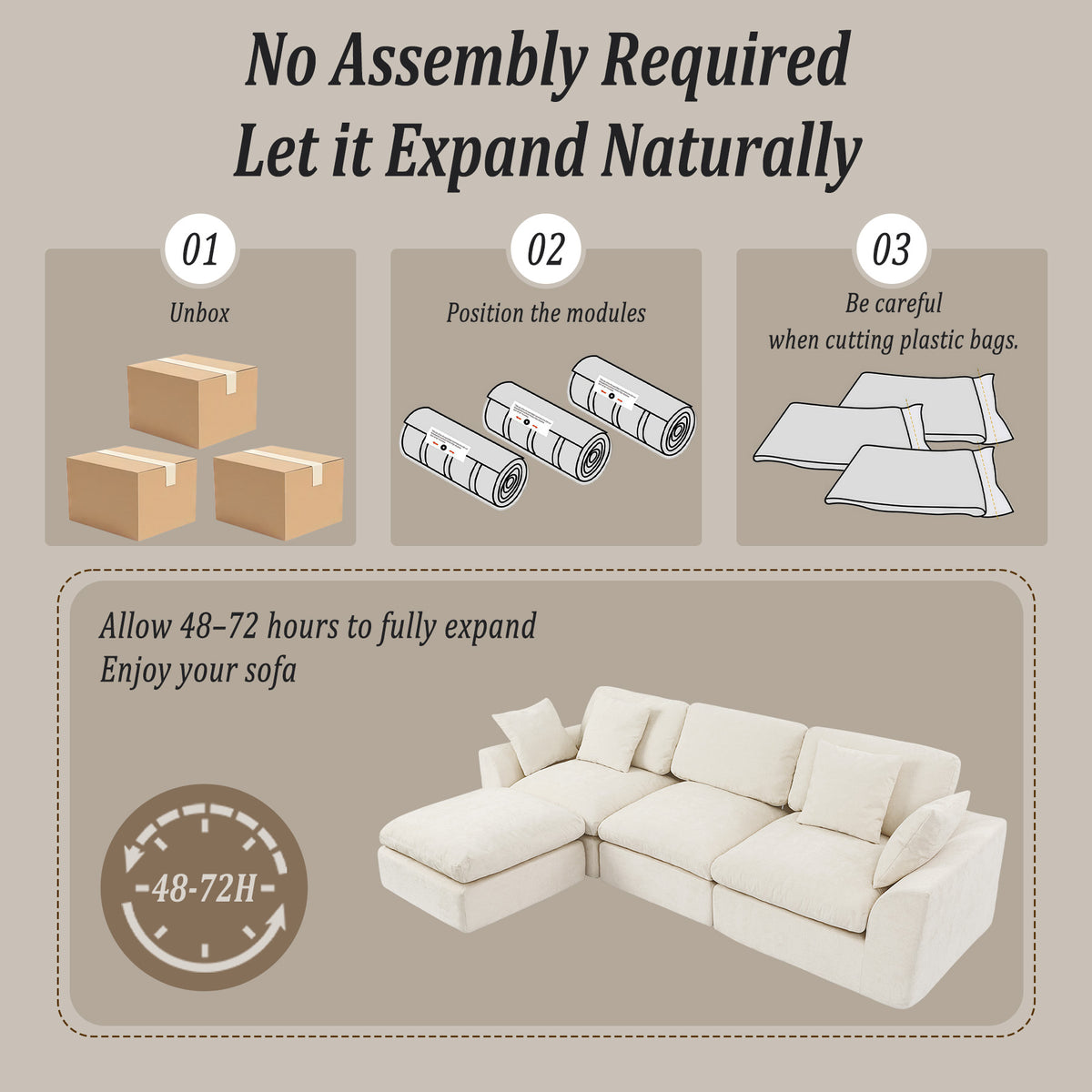 HomeMiYN 281cm 3-Seater L-Shaped Modular Corner Sofa, Chenille Fabric, Non-Vacuum Packaged