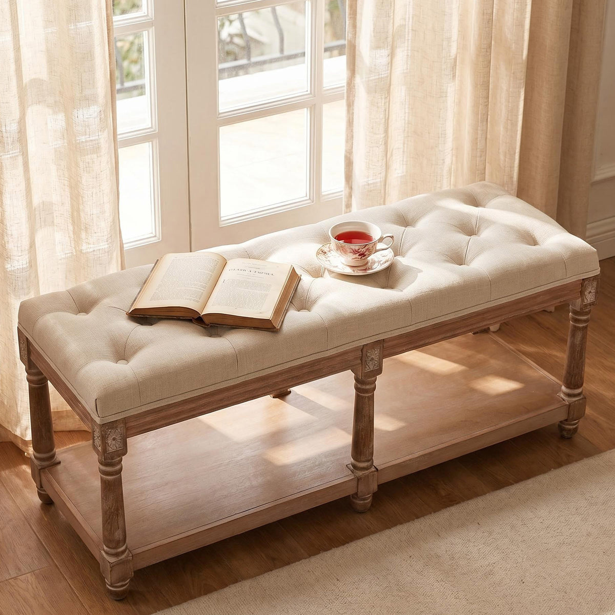 HomeMiYN 2-Seat Upholstered Storage Bench for Hallway and Bedroom