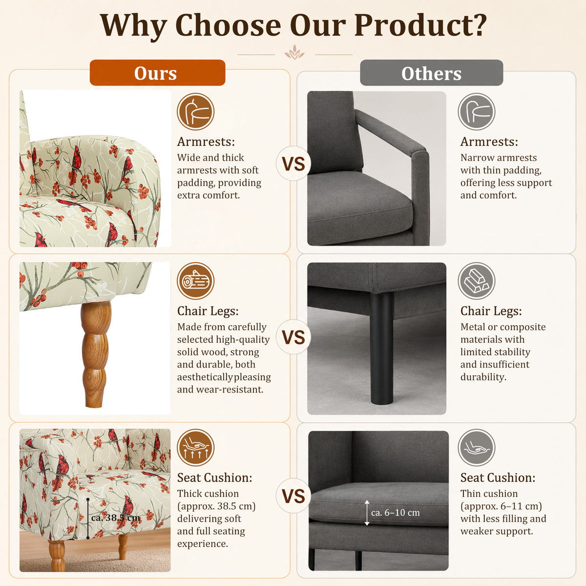 HomeMiYN Upholstered Living Room Armchair with Solid Wood Legs